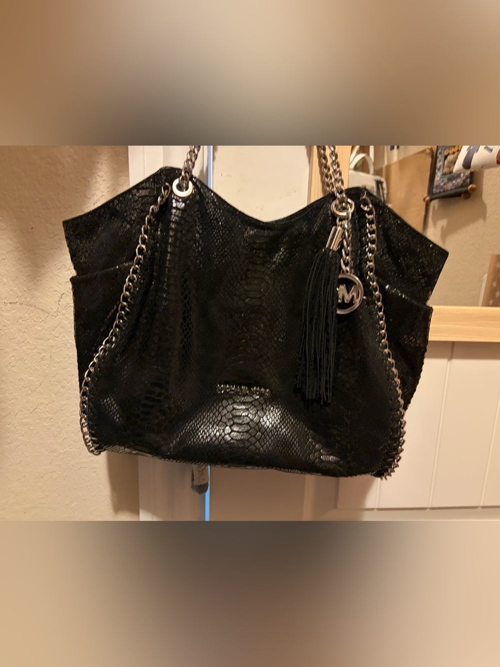 Michael Kors Black Snake-Embossed Shoulder Tote with Chain Straps
